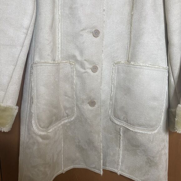 Vintage DENIM & CO Coat Faux Suede Fur Shawl Collar Pockets Button Women M Beige - Picture 4 of 11